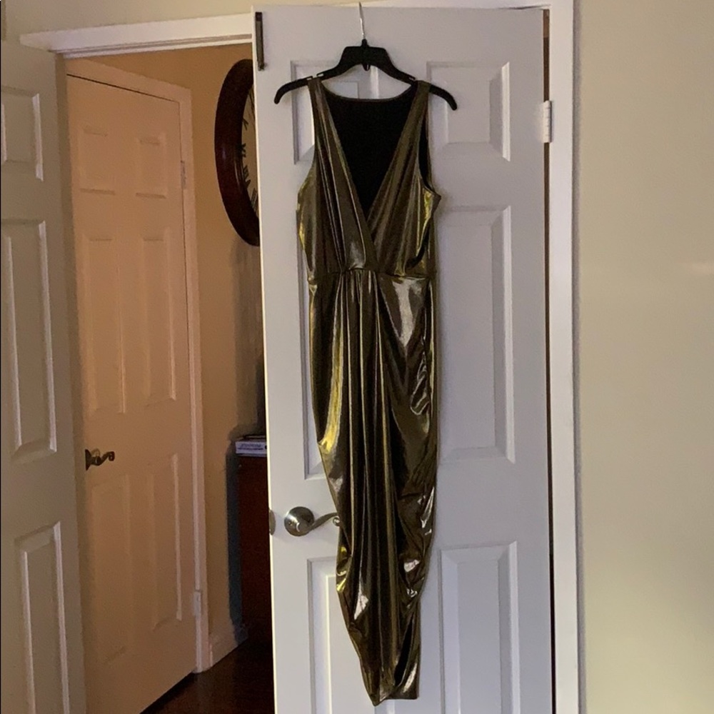 Deep plunge high leg slit gold dress